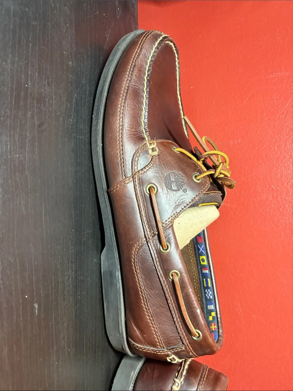 Timberland Brown Leather Boat Shoes with Yellow Laces